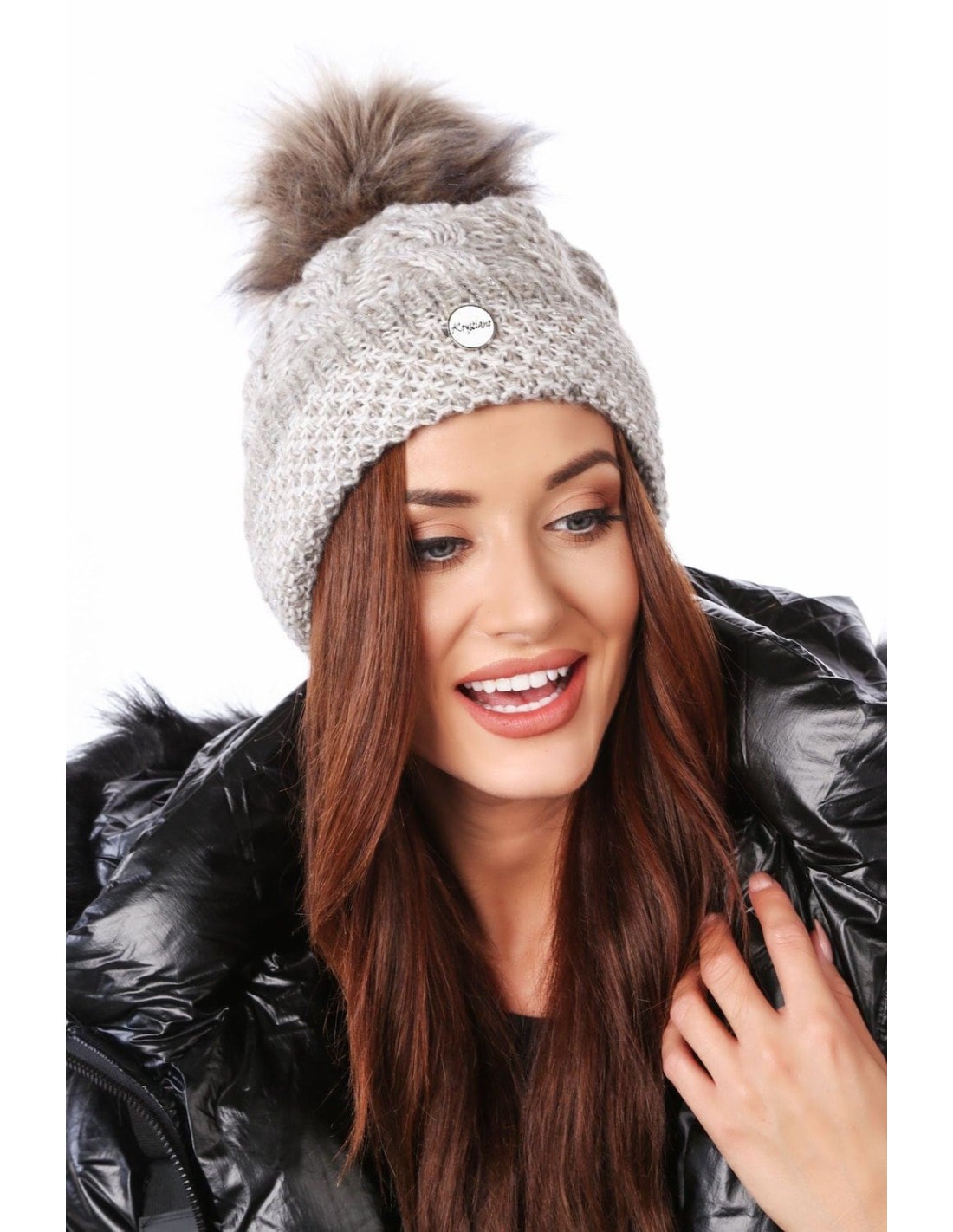 Braided winter hat with a pompom, beige C47 - Online store - Boutique